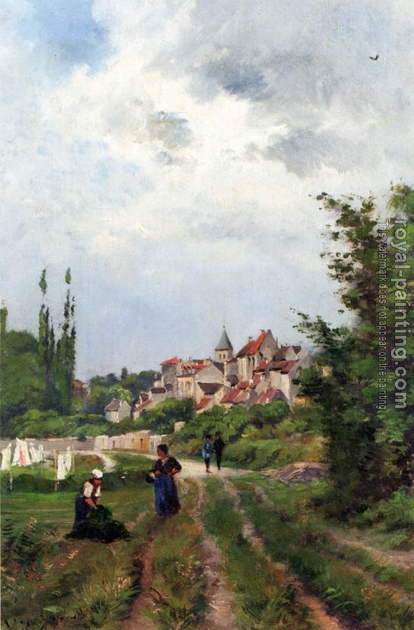 Henri-Joseph Harpignies : Washer Women On A Study Track With A Village Beyond